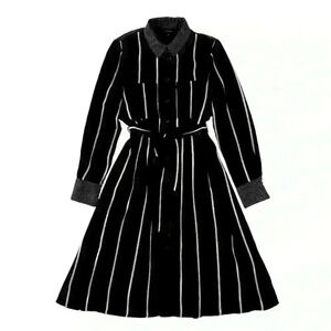 Who What Where Womens M Black White Striped Belted Longline Shirt Career Dress